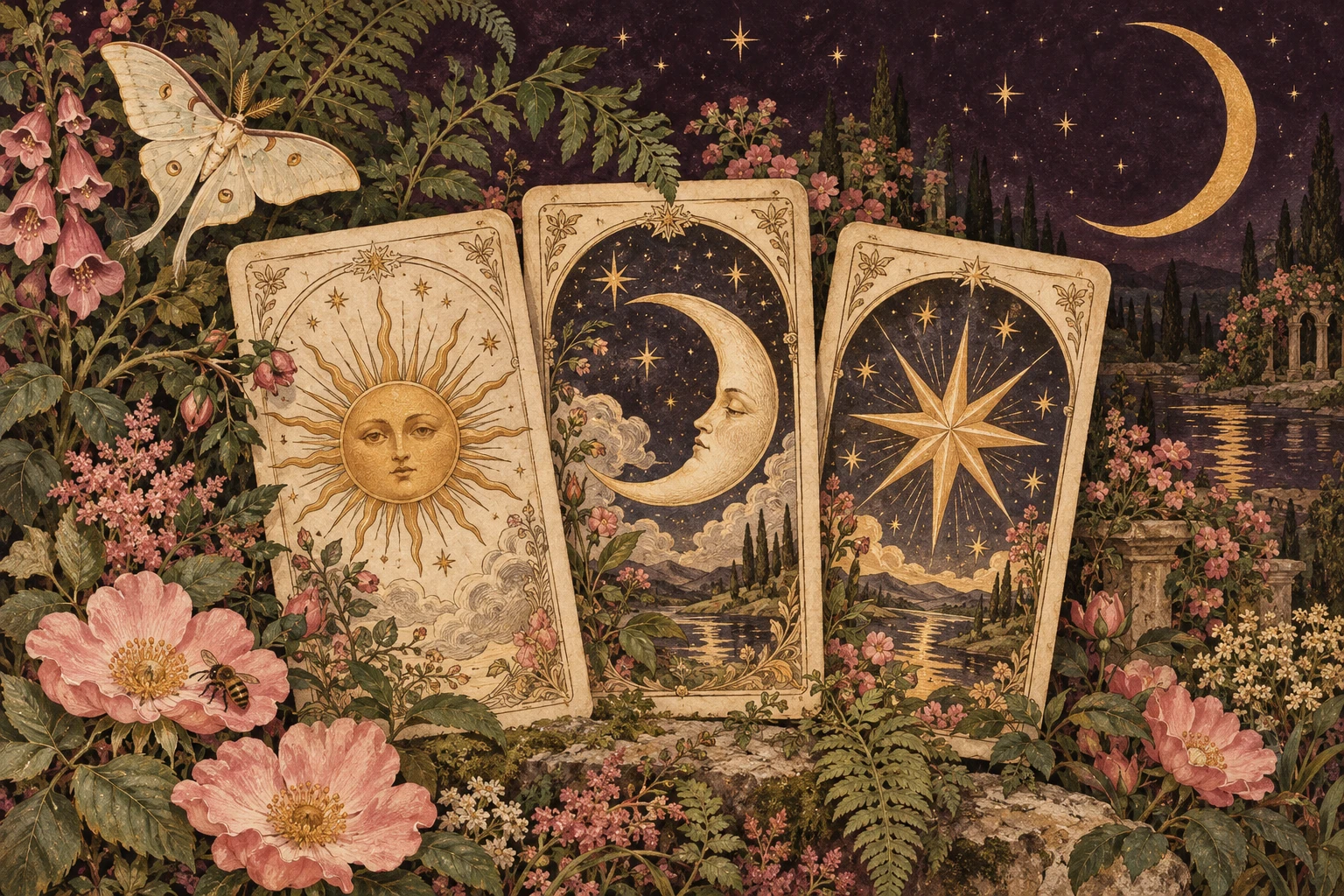 An illustrated celestial garden with tarot cards, a crescent moon, and botanical details